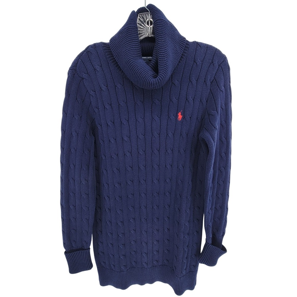 Ralph Lauren Sport Womens Navy Blue Cable Knit Turtleneck Cotton Sweater Dress S - Picture 2 of 10